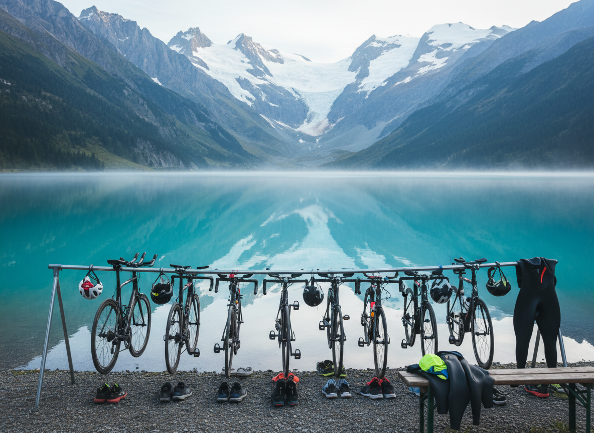 An alpine triathlon transition zone set on the shore of a turquoise Savoie lake, framed by towering glacier-covered peaks in the background. On a simple metal rack, aerodynamic road bikes with deep carbon wheels, sleek helmets, and neatly aligned cycling shoes wait in perfect order, while a neoprene wetsuit and bright swim cap are draped over a wooden bench nearby. The scene is shot at eye level in crisp, photographic detail, with cool early-morning light and a thin veil of mist hovering above the water. The mood is tense and focused, with reflections of snowcapped mountains mirrored in the still lake, creating a powerful sense of anticipation and high-performance sport.