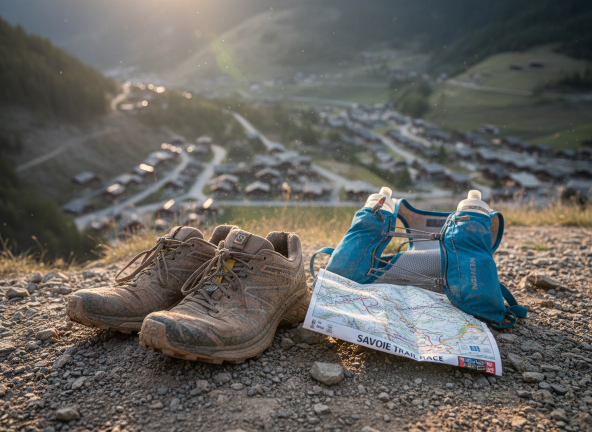 A high-intensity trail running descent above a Savoie village, depicted through the aftermath on a rocky switchback trail. In the foreground, a pair of mud-splattered technical trail shoes, a lightweight hydration vest with soft flasks half-empty, and a crumpled route map lie on the gritty, dust-covered ground. Far below, miniature chalets and winding roads dot the valley. The shot is taken from a slightly elevated angle, with sharp focus on the gear and a gentle blur on the dramatic drop-off. Late golden-hour sunlight slants across the scene, illuminating airborne dust particles and highlighting the bold, rugged mood of technical downhill racing.