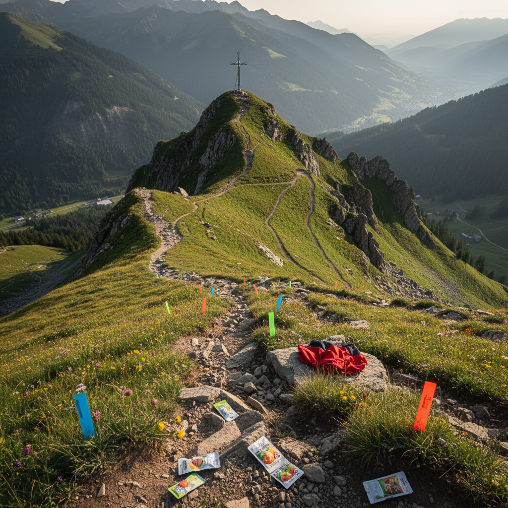 A vertical kilometer challenge scene carved into the green slopes above a Savoie valley, captured in photographic realism. The camera looks down from a bird’s-eye view, following a brutally steep zigzag path that climbs from lush meadows through rocky outcrops to a sharp summit cross. Along the path, a sequence of brightly colored trail markers, energy gel packets, and a discarded lightweight windbreaker tell the story of intense effort without showing any people. Late afternoon light filters through high clouds, casting soft, dramatic shadows that emphasize the gradient. The composition uses strong diagonal lines to create a dynamic, bold atmosphere of pure uphill challenge.