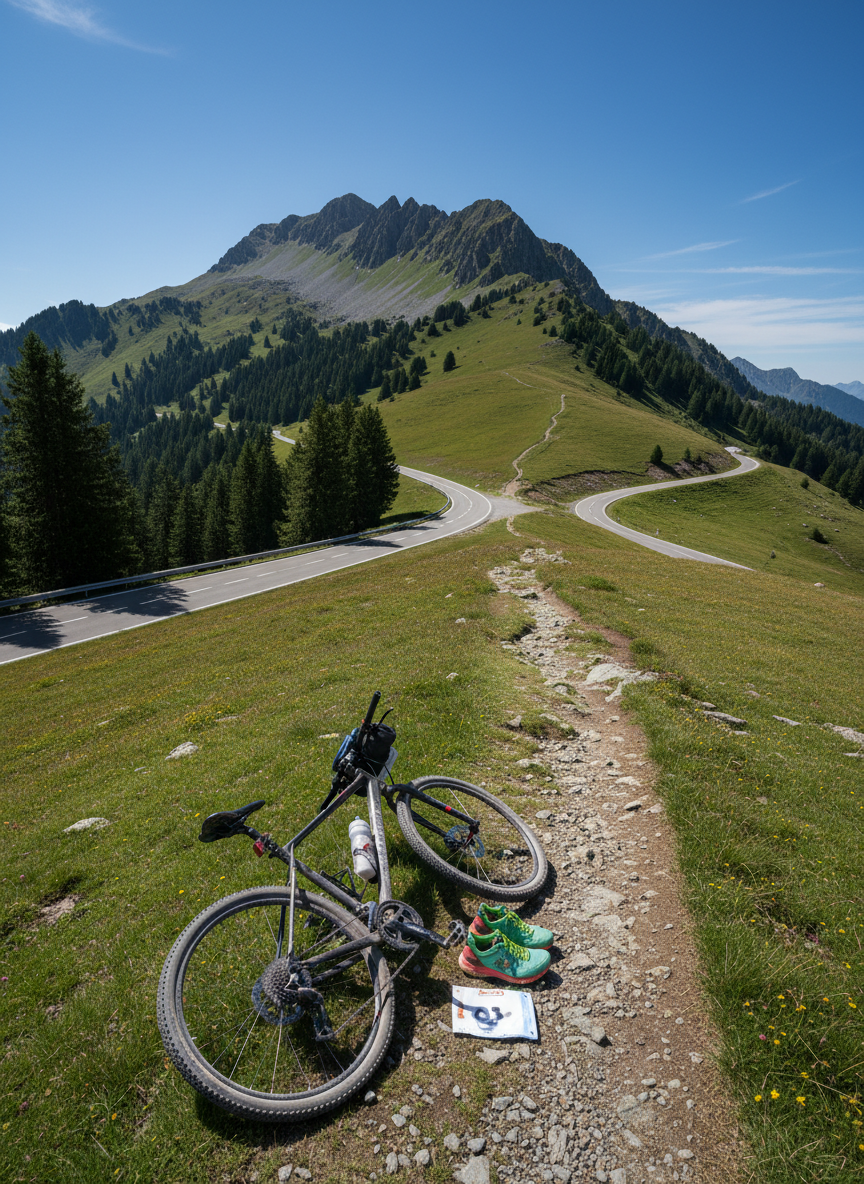 A rugged ascent route for a mixed cycling and trail-running challenge in the Savoie Alps, viewed from a wide panoramic perspective. The winding mountain road twists up from a dense pine forest into open high pastures, where a narrow dirt trail branches off and continues steeply toward a jagged summit ridge. At the junction, a compact gravel bike lies on its side, dusted with road grit, next to a pair of lightweight running shoes and a folded race bib with its numbers out of frame. Midday sun creates hard, crisp shadows and vivid colors, emphasizing the verticality and layered terrain. The mood is ambitious and adventurous, embodying a playground of endless multi-sport possibilities.